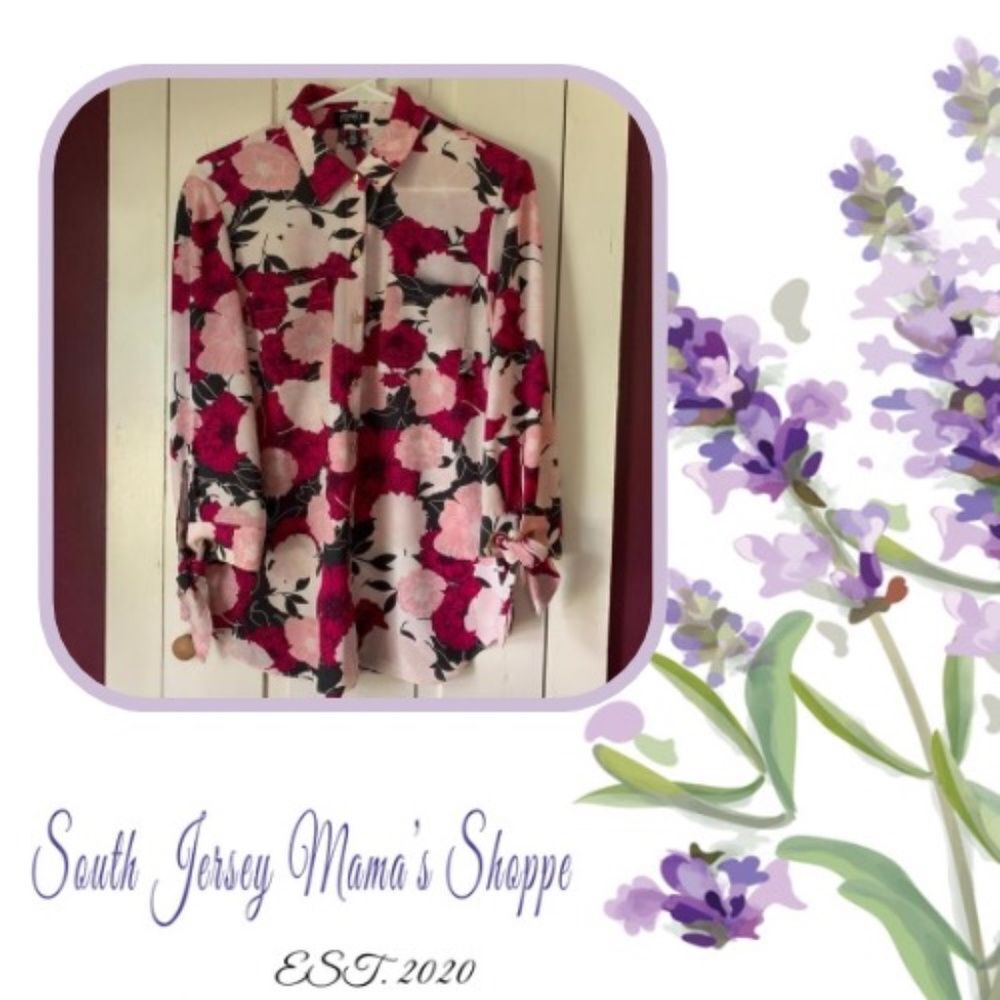 Jones New York  Size M Blouse Hawaiian Floral Pinks Fuchsia White Ties At Sleeve